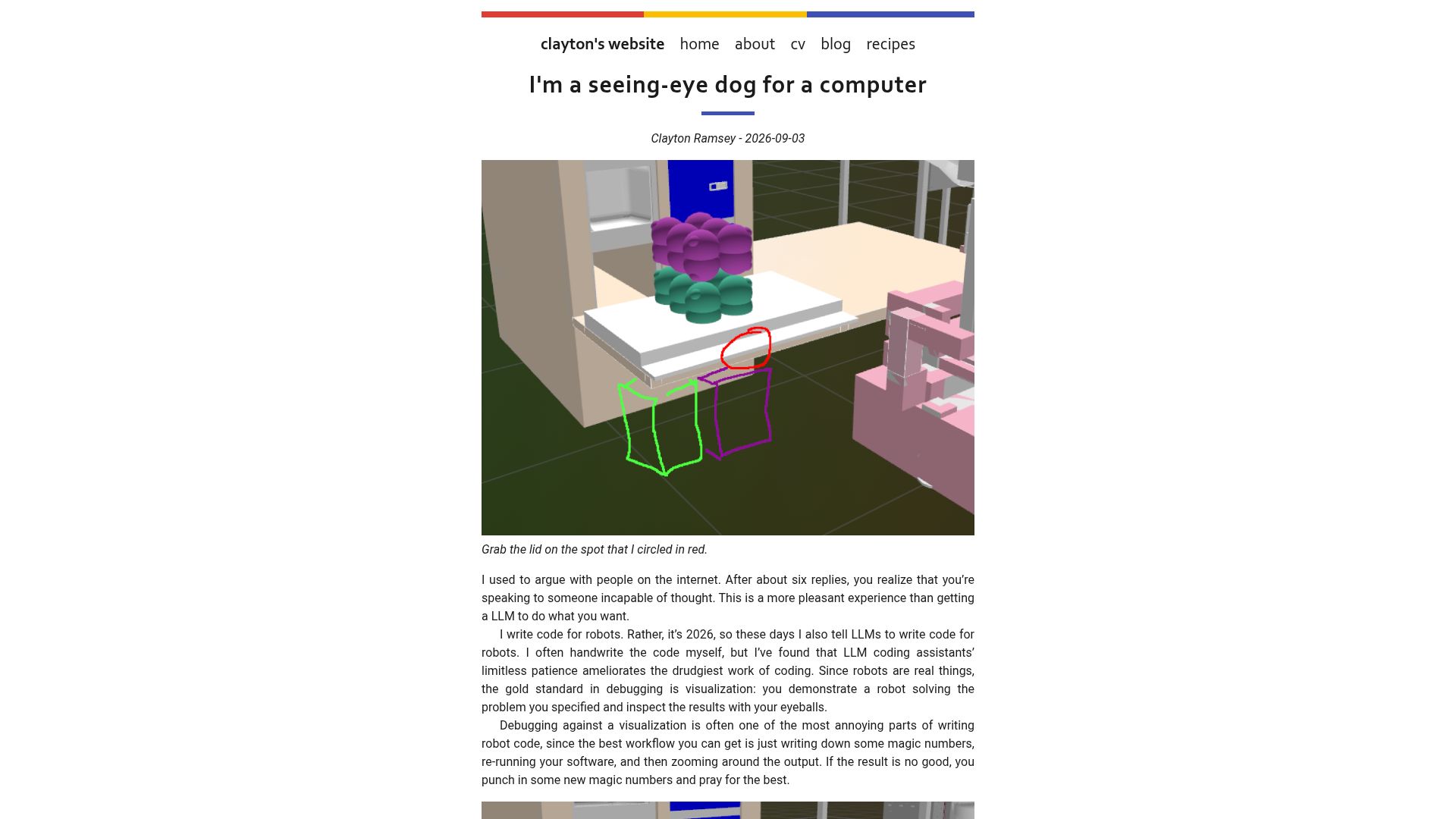 Screenshot of claytonwramsey.com: I'm a seeing-eye dog for a computer
