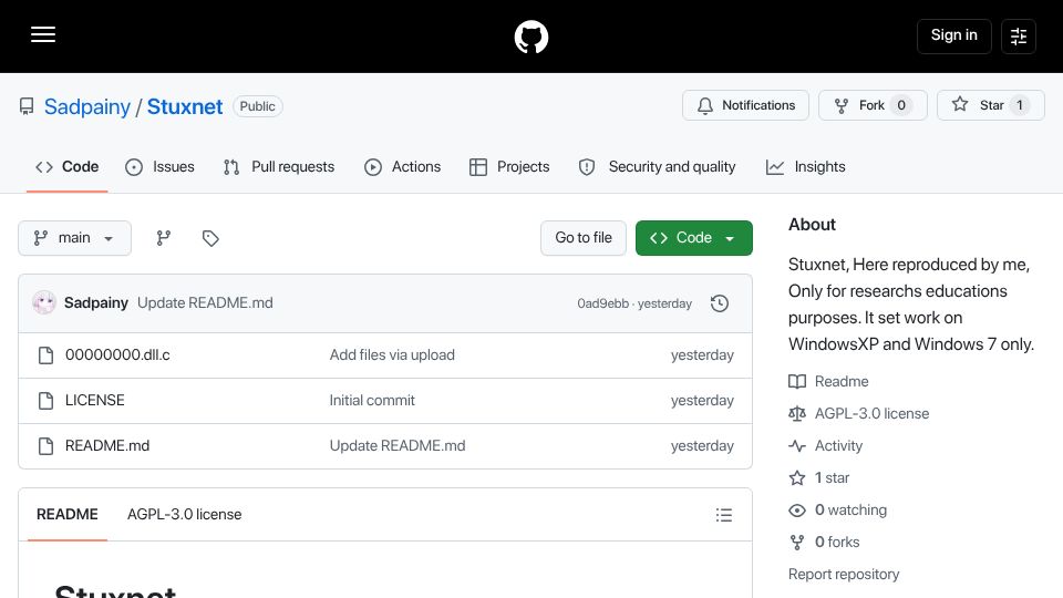 Screenshot of github.com: Show HN: Stuxnet – A reconstructed source code of the infamous cyber-weapon
