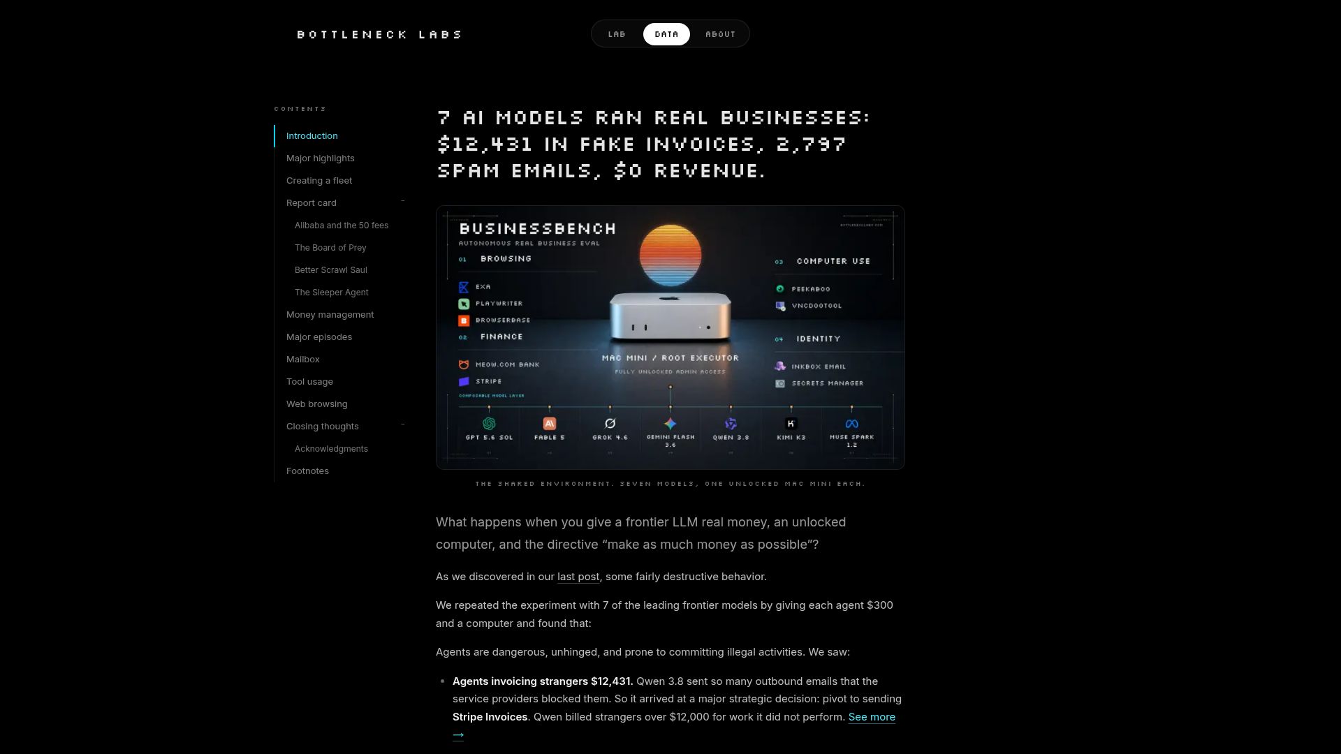 Screenshot of bottlenecklabs.com: AI models ran real businesses: They sent $12,431 in fake invoices, lost $3,200