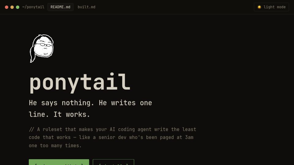 Screenshot of ponytail.dev: Ponytail: Lazy Senior Engineer Skill