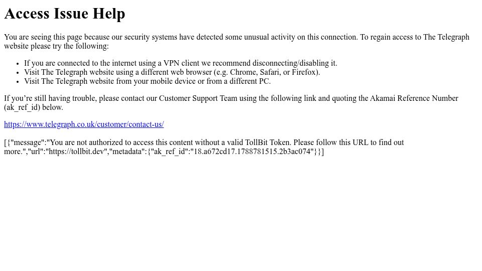 Screenshot of telegraph.co.uk: US refuses payout for soldiers who died in Iran 'because it isn't a war'