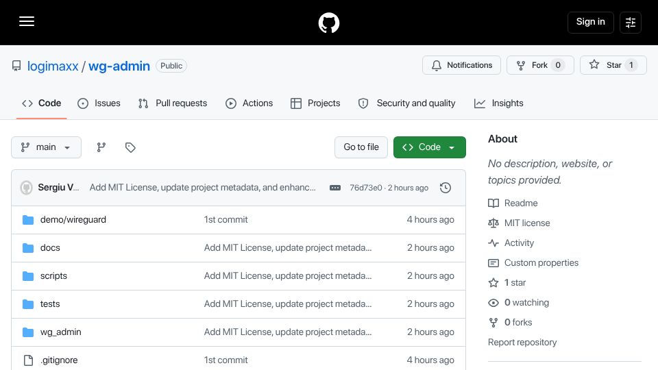 Screenshot of github.com: Show HN: Wg-admin – web UI for an existing WireGuard host