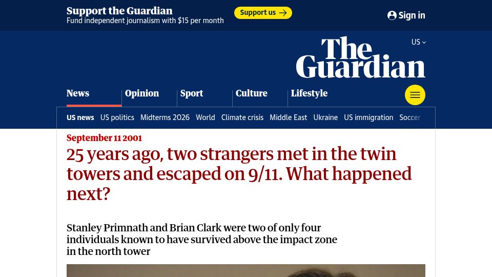Screenshot of theguardian.com: 25 years ago, two strangers met in the twin towers and escaped on 9/11