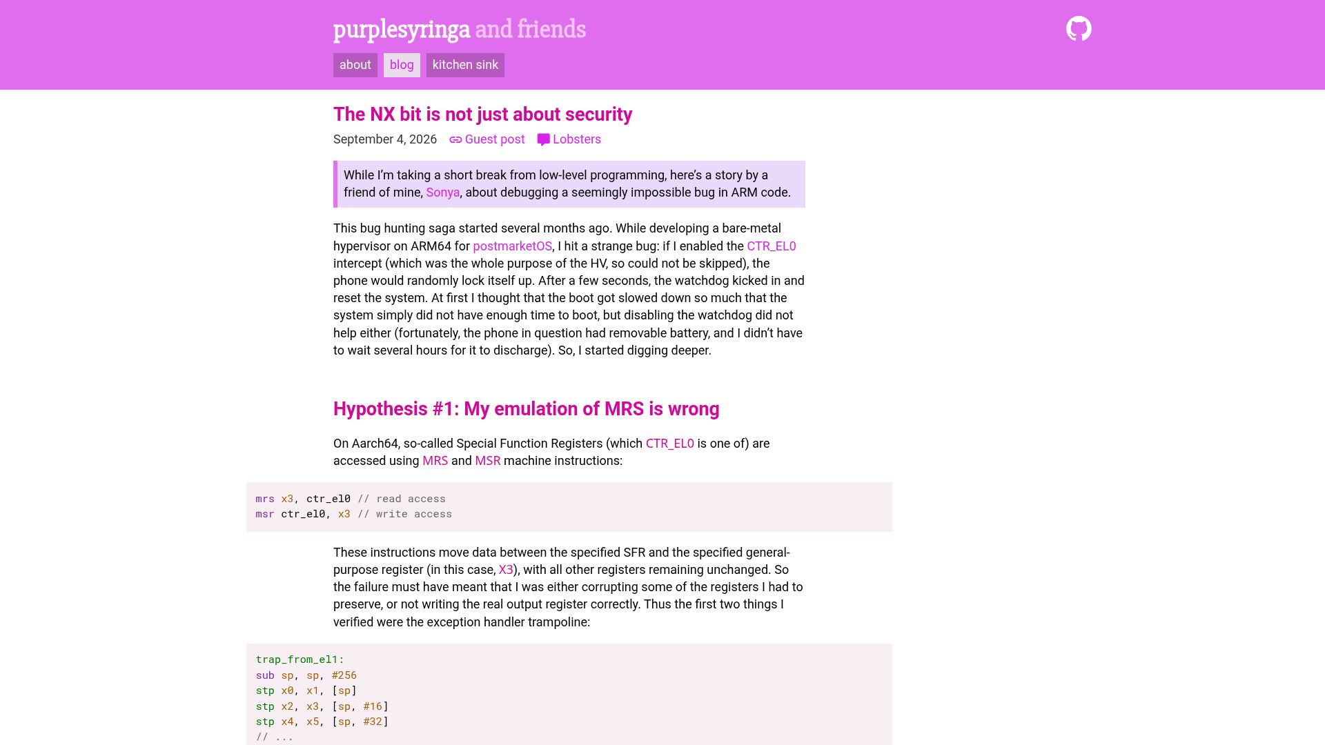Screenshot of purplesyringa.moe: The NX bit is not just about security