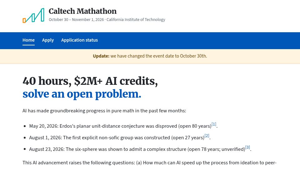 Screenshot of mathathonchallenge.com: Caltech Mathathon – first hackathon ever devoted to research level mathematics