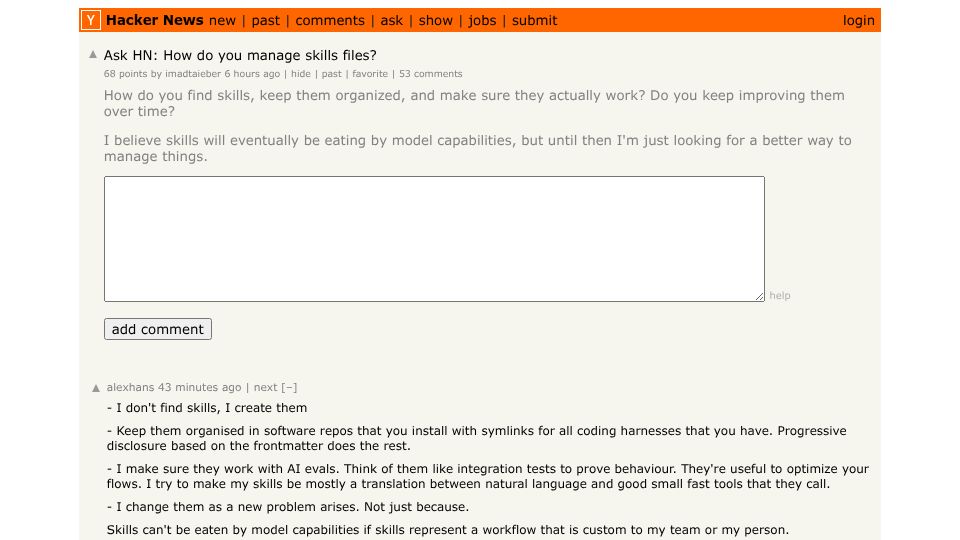 Screenshot of Hacker News post: Ask HN: How do you manage skills files?