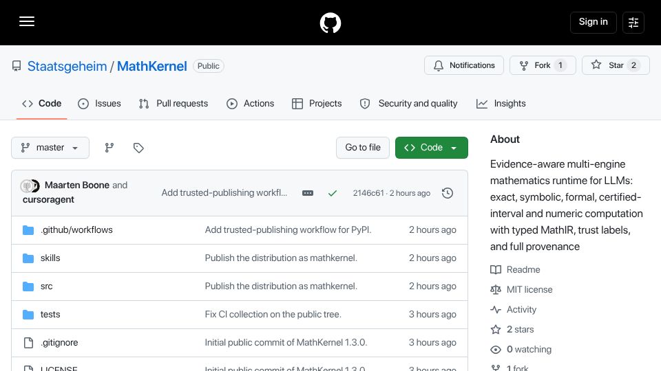 Screenshot of github.com: MathKernel: An evidence-aware multi-engine mathematics kernel and MCP server
