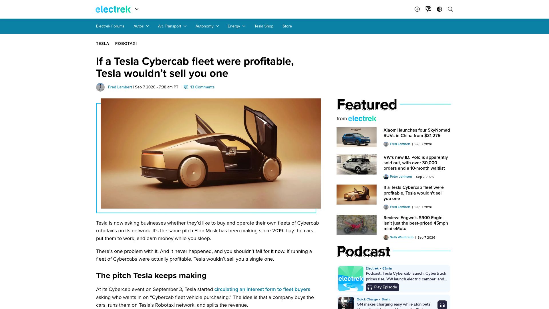 Screenshot of electrek.co: If a Tesla Cybercab fleet were profitable, Tesla wouldn't sell you one