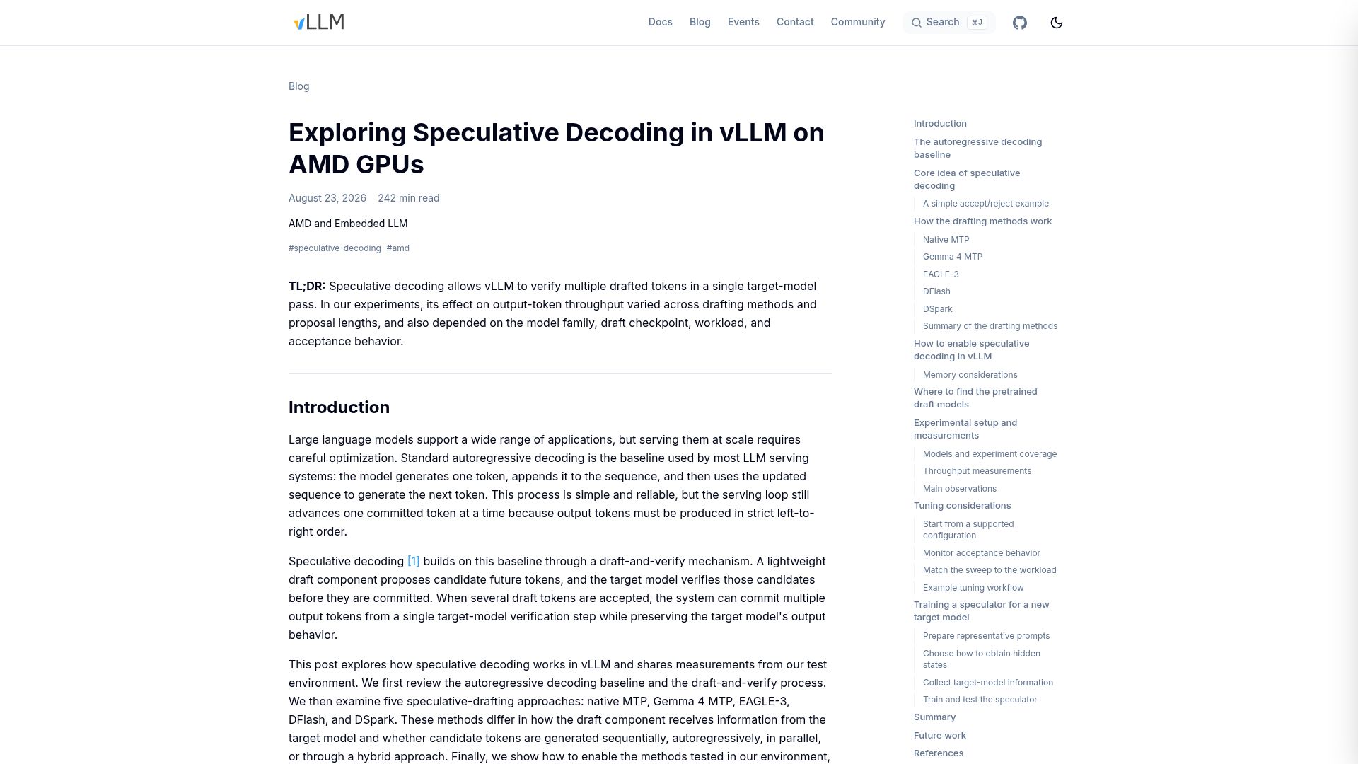 Screenshot of vllm.ai: Speculative Decoding in vLLM on AMD GPUs