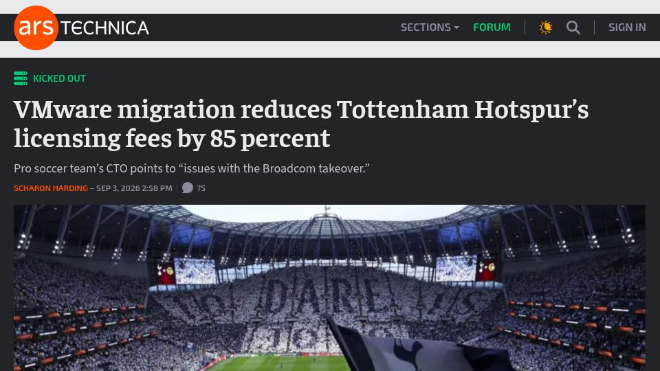 Screenshot of arstechnica.com: VMware migration reduces Tottenham Hotspur's licensing fees by 85 percent