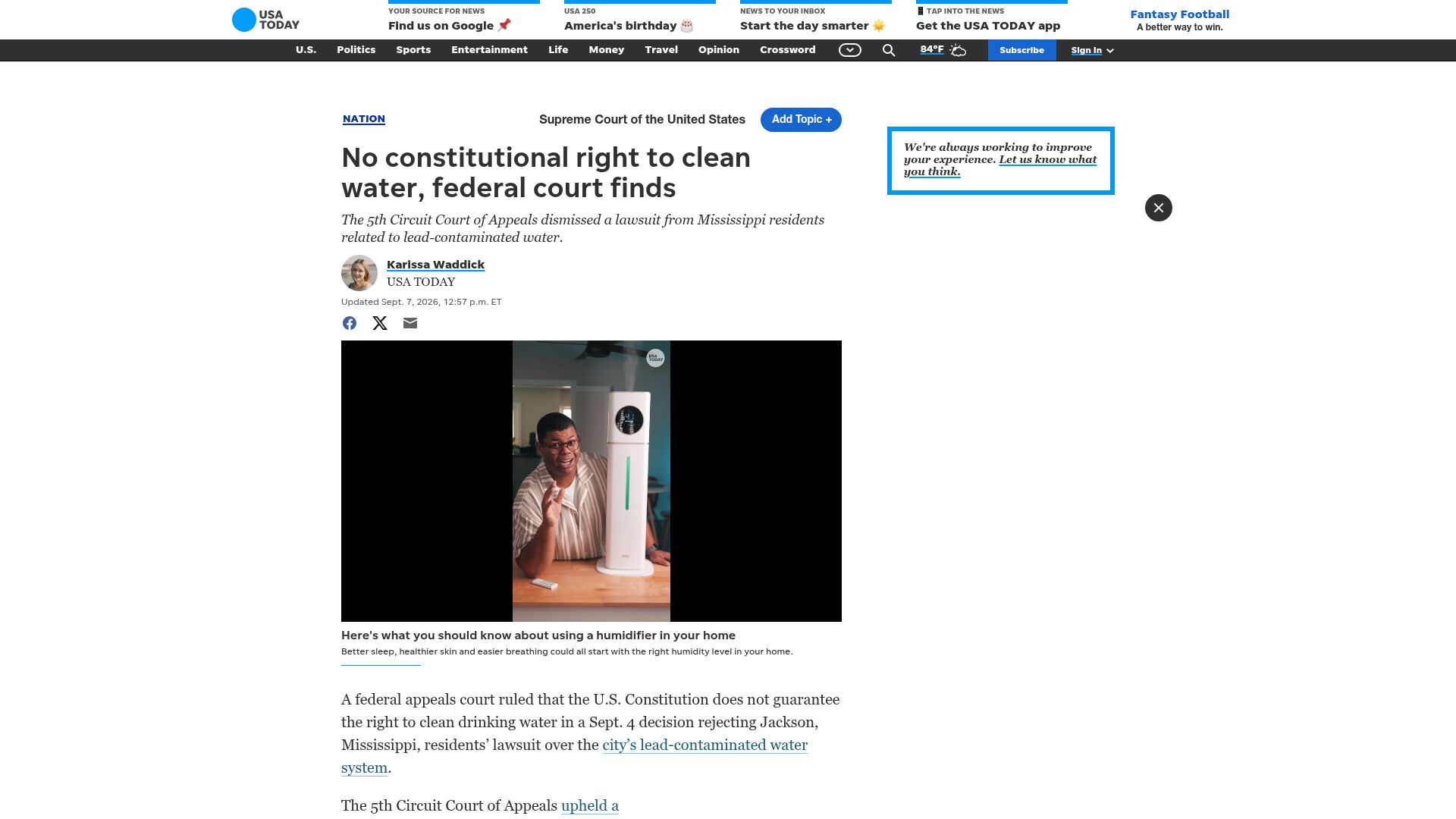 Screenshot of usatoday.com: No constitutional right to clean water, federal court finds