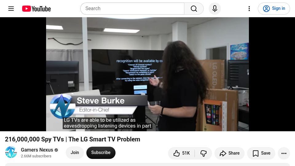 Screenshot of youtube.com: 216M Spy TVs – The LG Smart TV Problem [video]