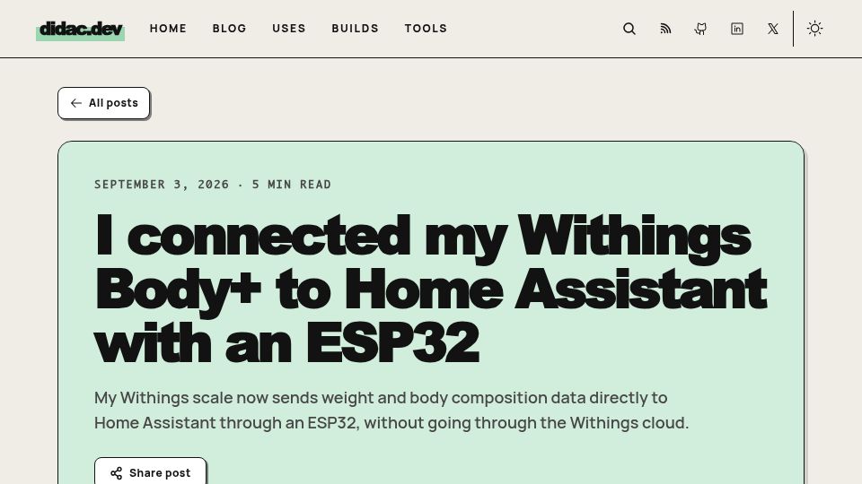 Screenshot of didac.dev: I Connected My Withings Body+ to Home Assistant with an ESP32