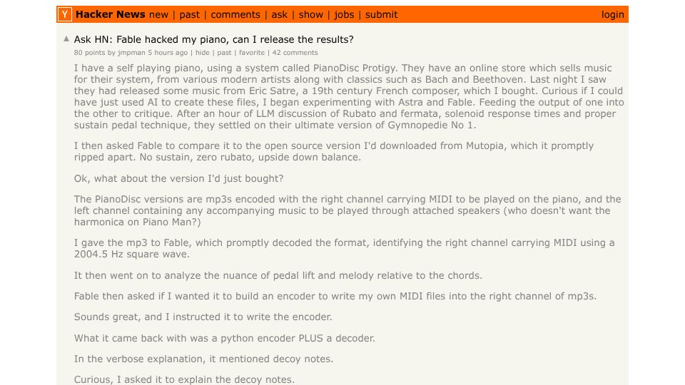 Screenshot of Hacker News post: Ask HN: Fable hacked my piano, can I release the results?