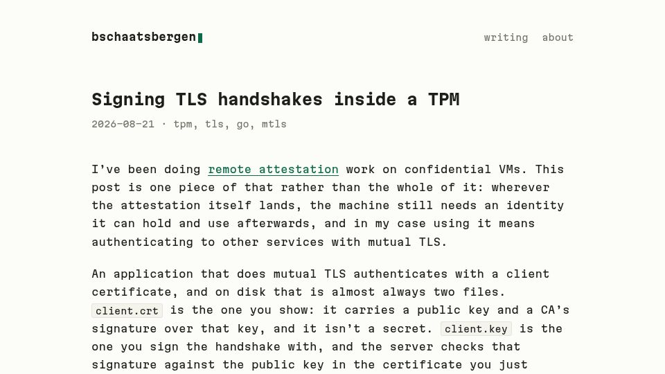 Screenshot of bschaatsbergen.com: Signing TLS handshakes inside a TPM