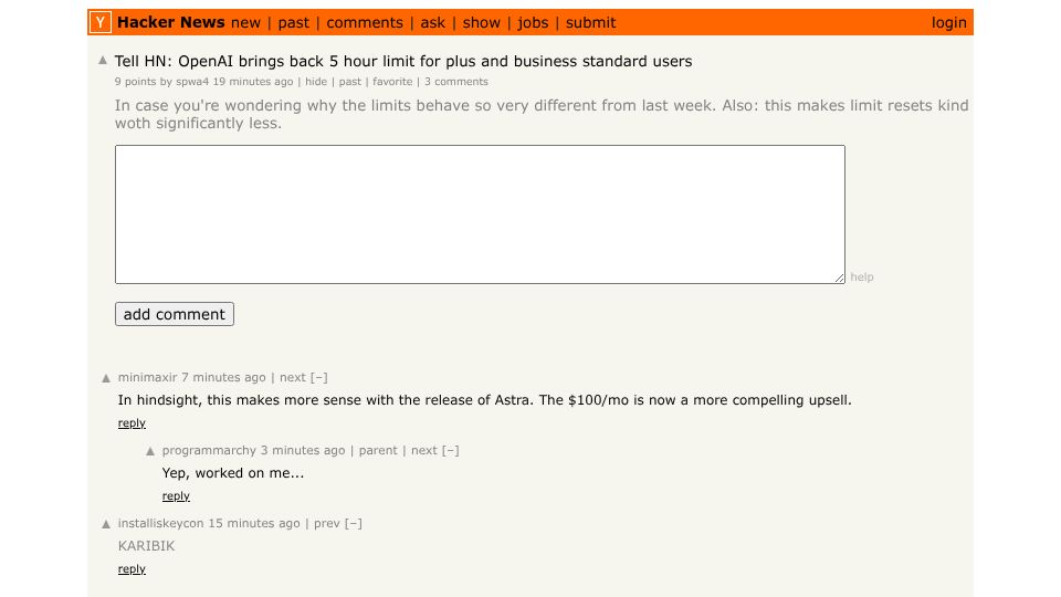 Screenshot of Hacker News post: Tell HN: OpenAI brings back 5 hour limit for plus and business standard users