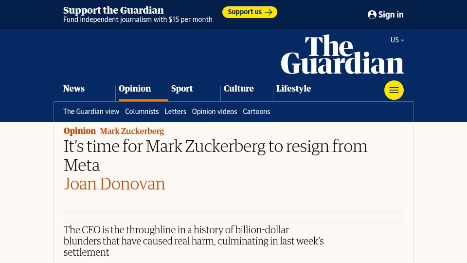 Screenshot of theguardian.com: It's time for Mark Zuckerberg to resign from Meta
