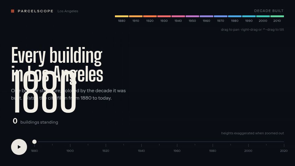 Screenshot of lax-skyline.parcelscope.net: Watch Los Angeles get built, one building at a time (1880–2026)