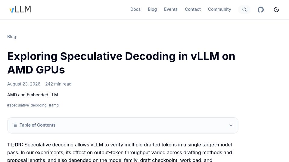 Screenshot of vllm.ai: Speculative Decoding in vLLM on AMD GPUs