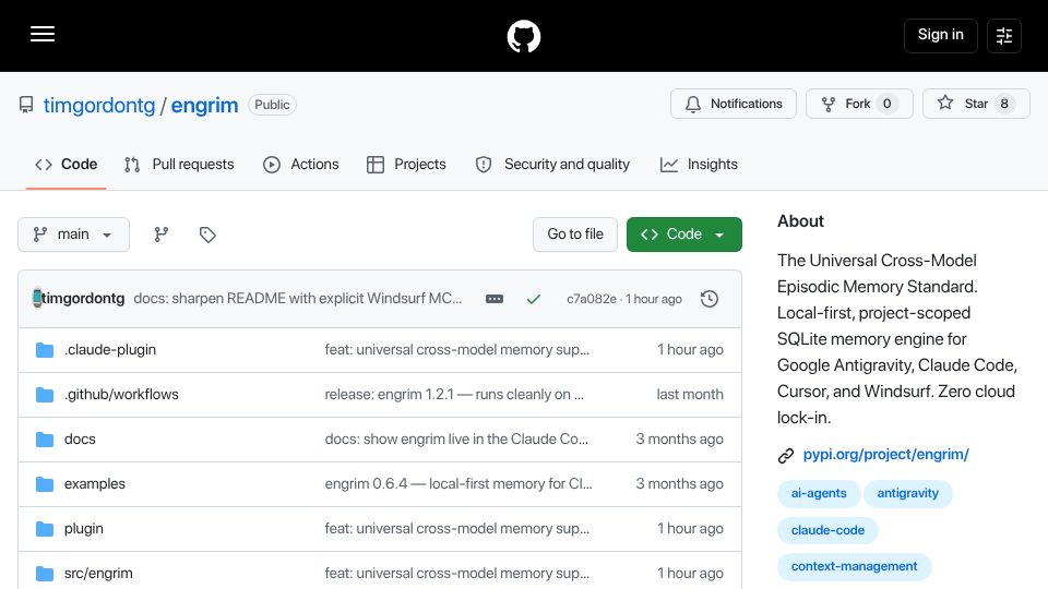 Screenshot of github.com: Show HN: Engrim – A universal, local-first SQLite memory engine for AI CLIs