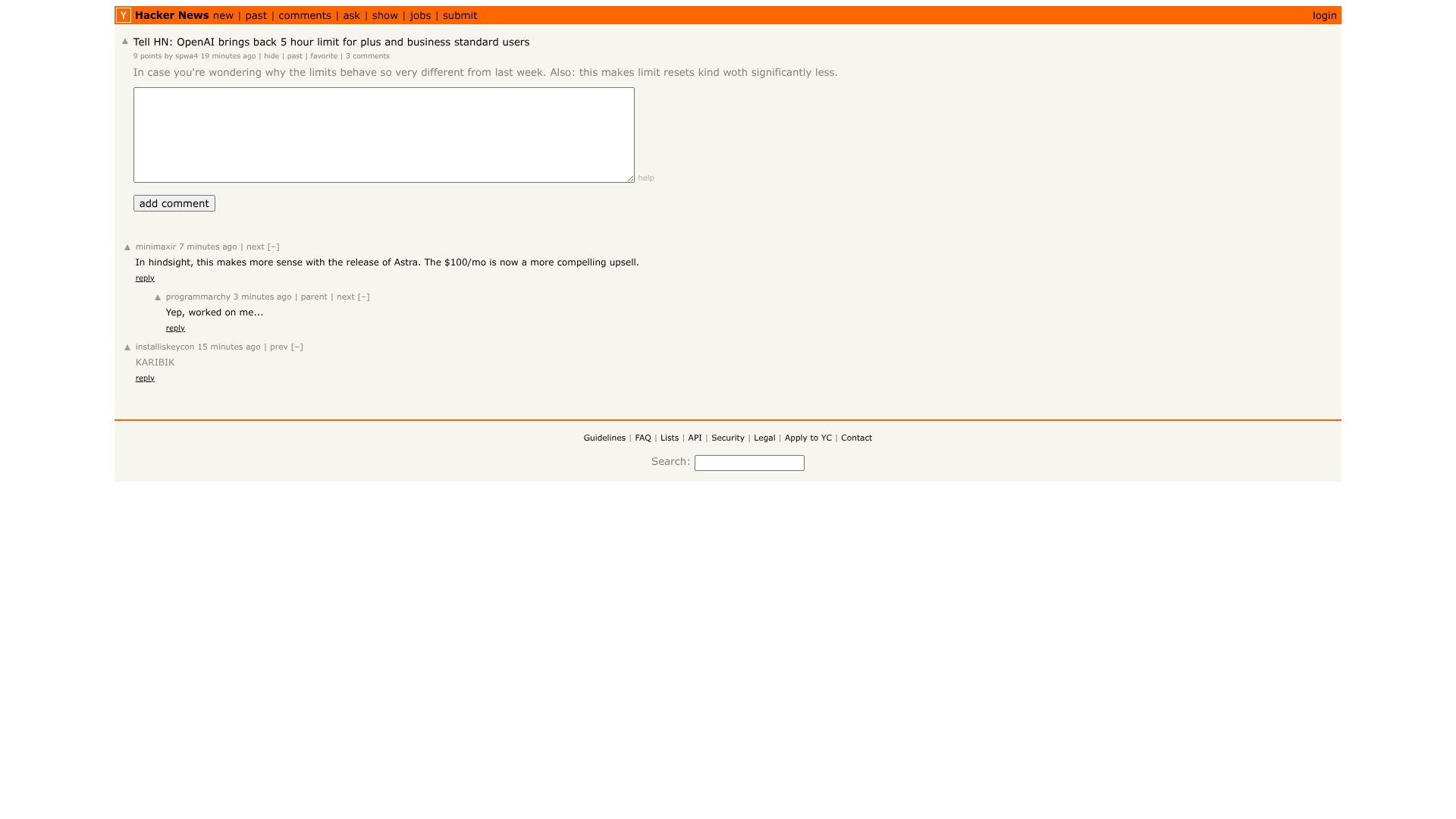 Screenshot of this Hacker News post: Tell HN: OpenAI brings back 5 hour limit for plus and business standard users