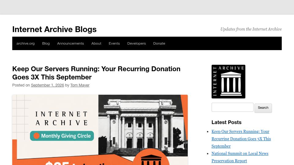 Screenshot of blog.archive.org: Keep Our Servers Running
