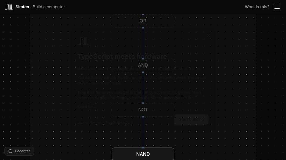 Screenshot of play.simten.dev: Show HN: Think Turing Complete, but you write the circuits in TypeScript (WIP)