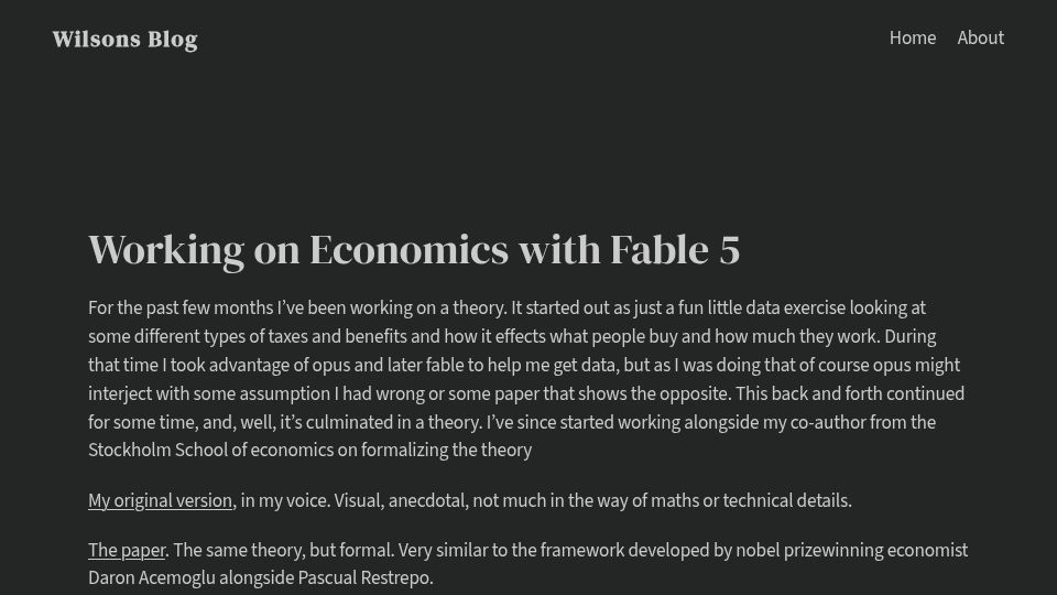 Screenshot of wilsoniumite.com: Working on Economics with Fable 5