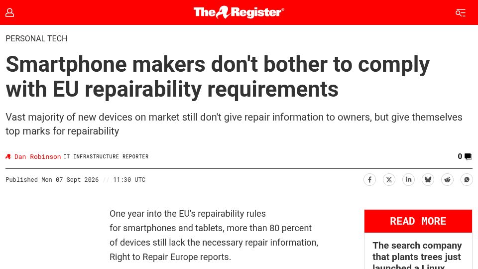 Screenshot of theregister.com: Smartphone makers don't bother to comply with EU repairability requirements