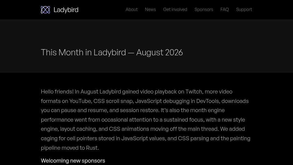 Screenshot of ladybird.org: This Month in Ladybird – August 2026