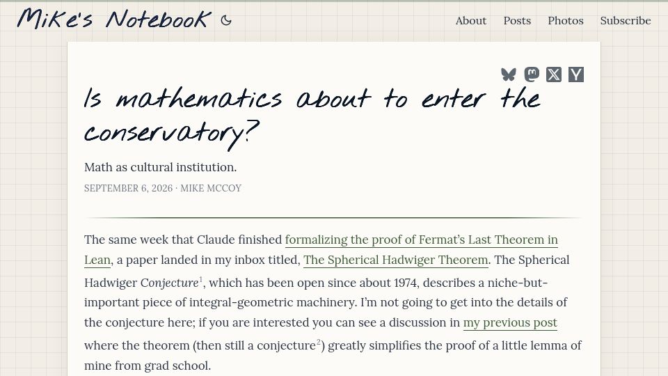 Screenshot of mbmccoy.dev: Is mathematics about to enter the conservatory?