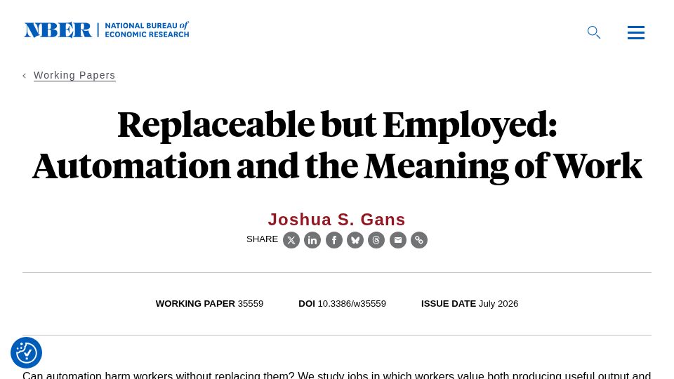 Screenshot of nber.org: Replaceable but Employed: Automation and the Meaning of Work