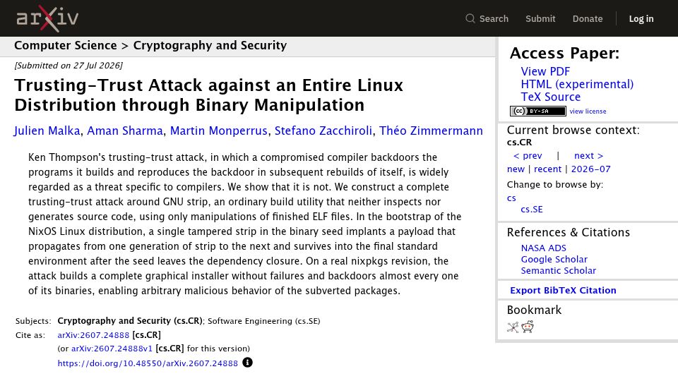 Screenshot of arxiv.org: Trusting-Trust Attack against an Entire Linux Distribution