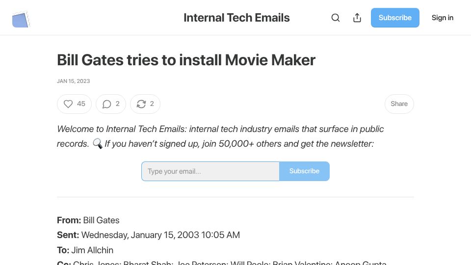 Screenshot of techemails.com: Bill Gates tries to install MovieMaker (2003)