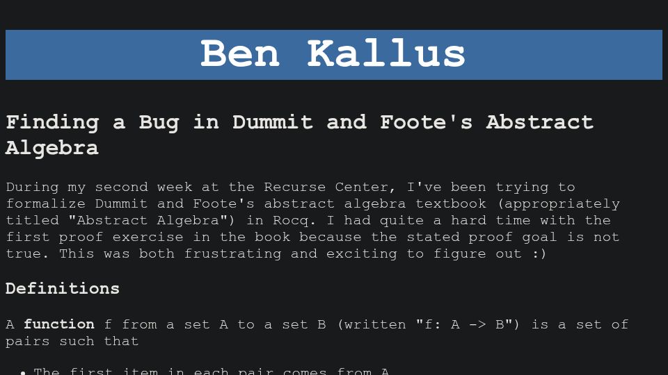 Screenshot of kallus.org: Finding a bug in Dummit and Foote's Abstract Algebra