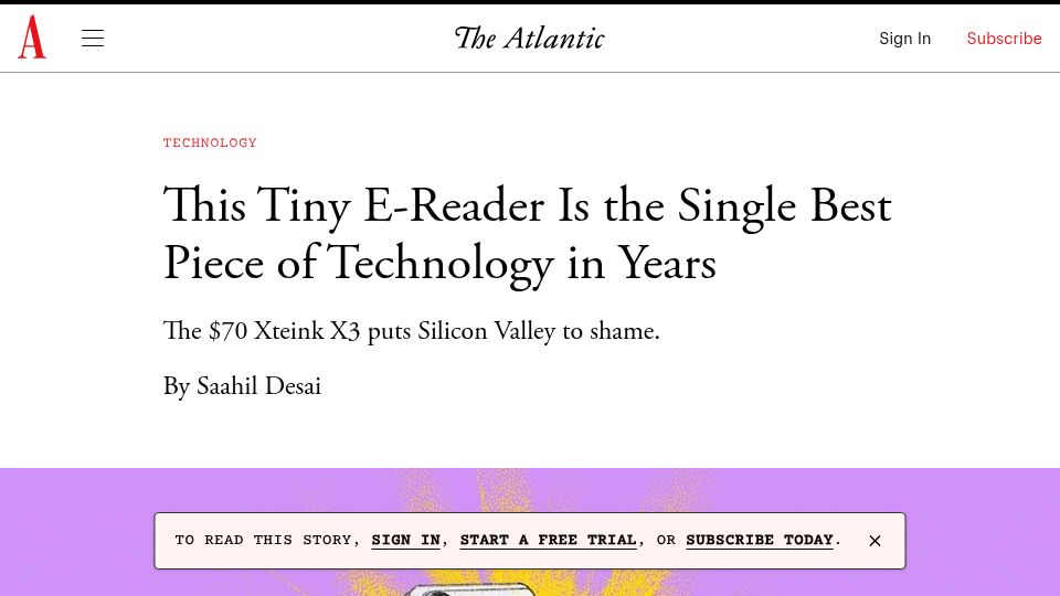 Screenshot of theatlantic.com: Tiny $70 Xteink X3 e-reader