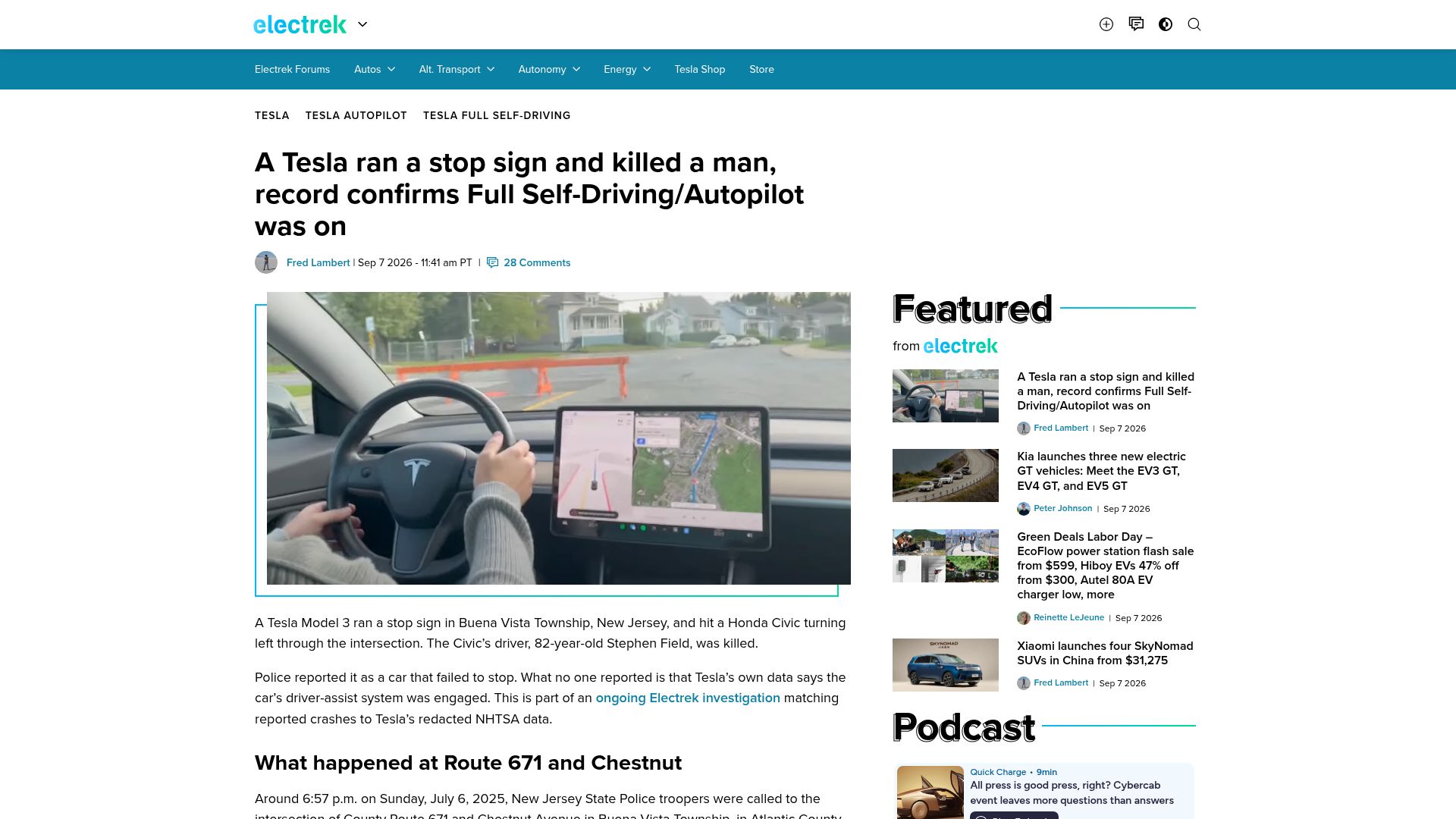 Screenshot of electrek.co: A Tesla ran a stop sign and killed a man, Full Self-Driving/Autopilot was on