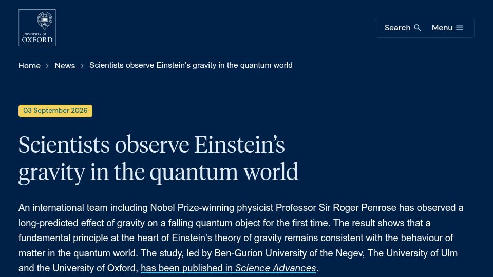 Screenshot of ox.ac.uk: Scientists observe Einstein's gravity in the quantum world