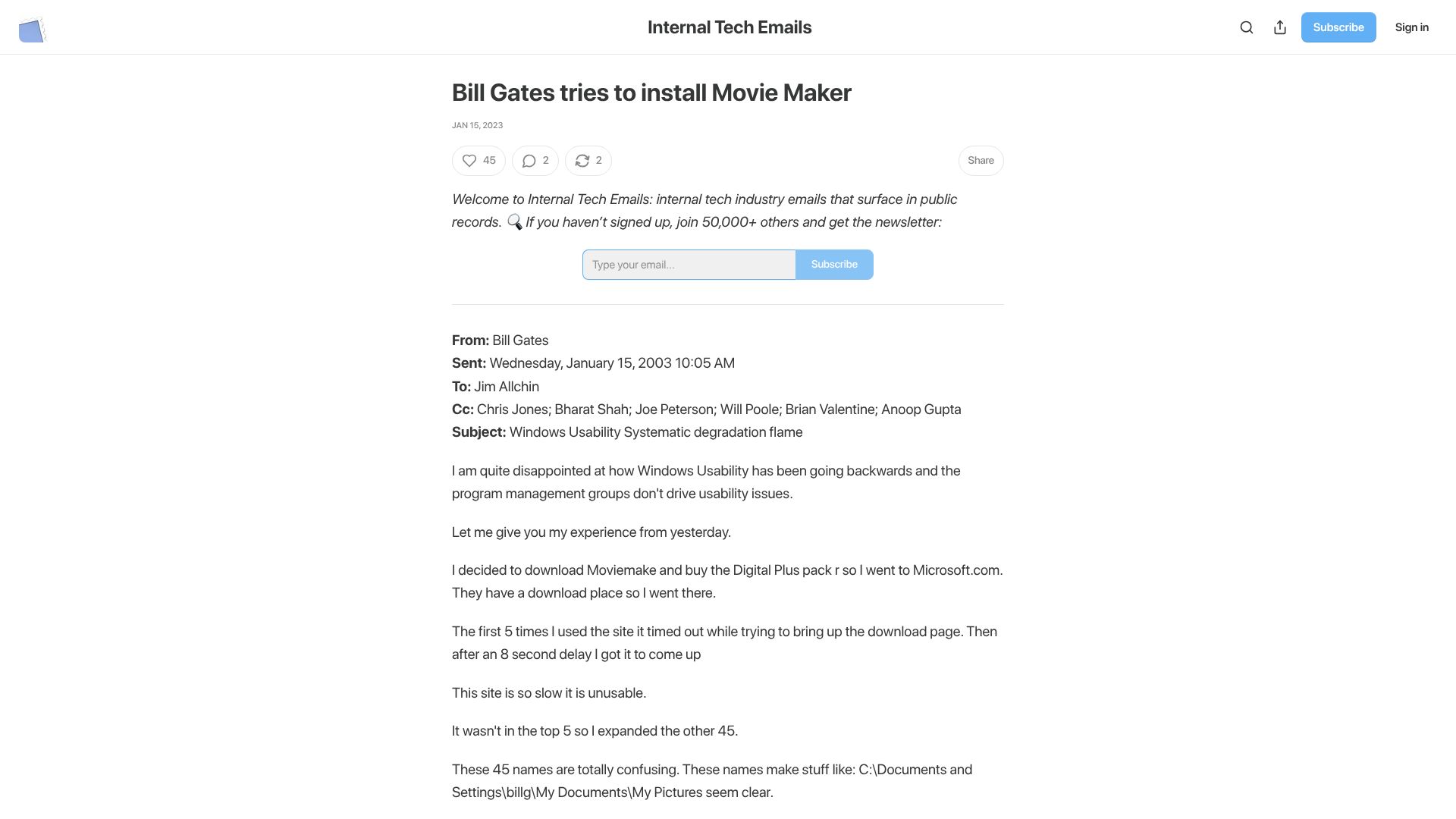 Screenshot of techemails.com: Bill Gates tries to install MovieMaker (2003)