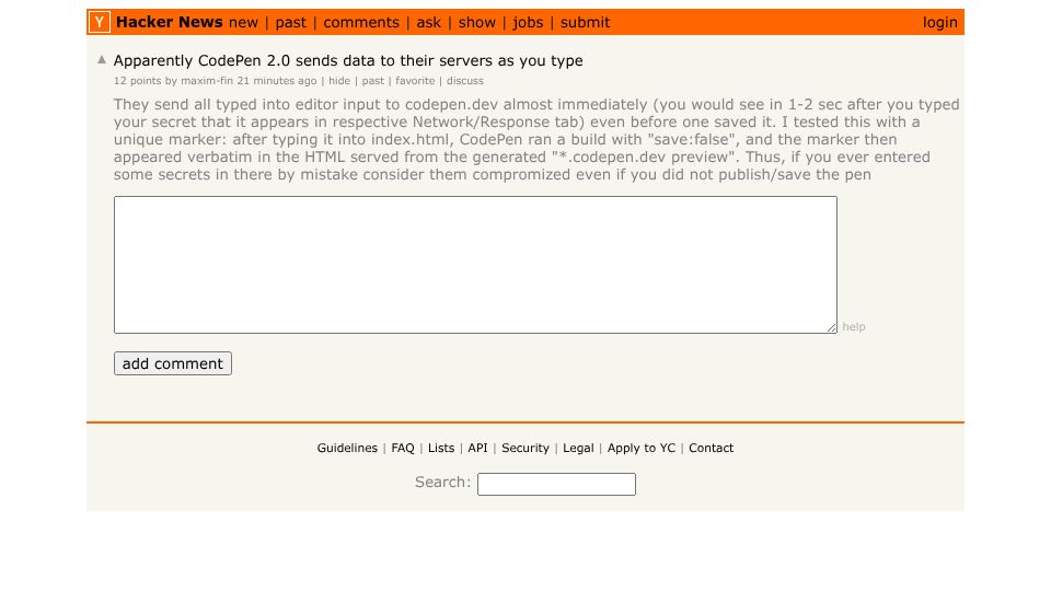 Screenshot of Hacker News post: Apparently CodePen 2.0 sends data to their servers as you type