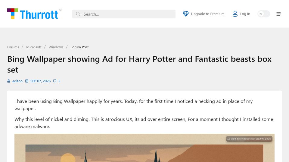 Screenshot of thurrott.com: Bing Wallpaper showing Ad for Harry Potter and Fantastic beasts box set