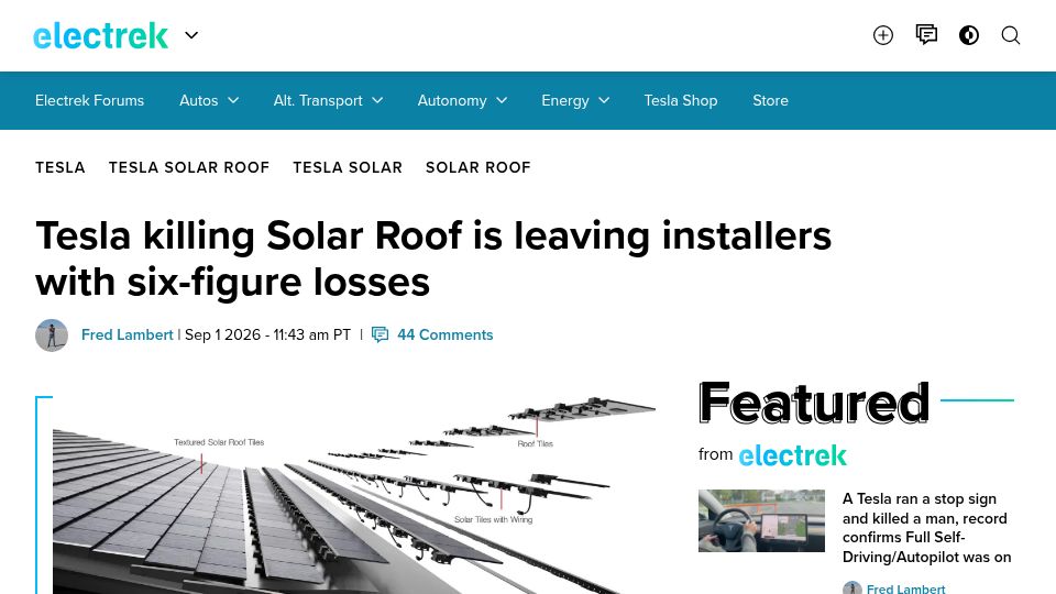 Screenshot of electrek.co: Tesla killing Solar Roof is leaving installers with six-figure losses