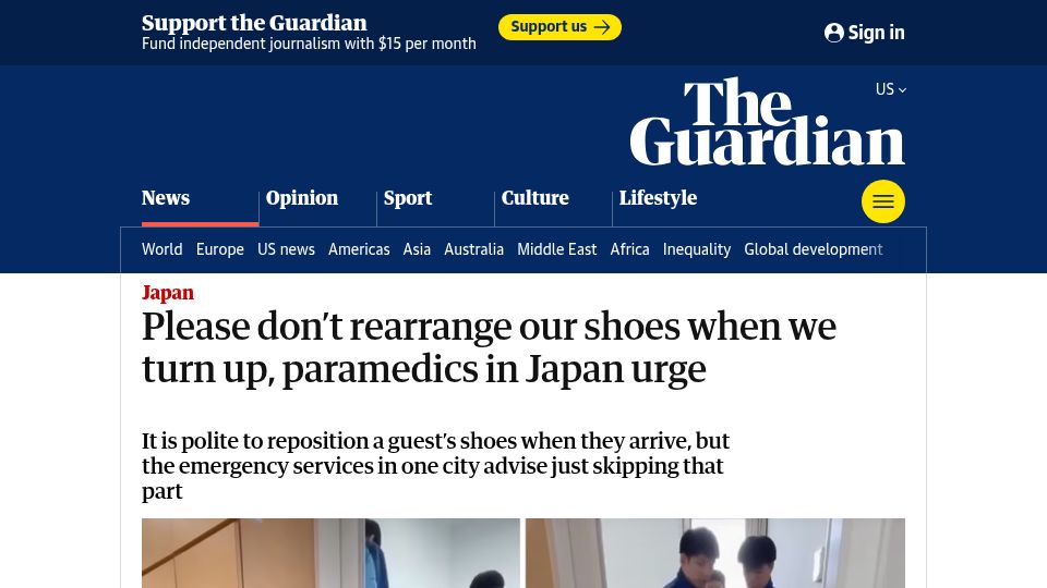 Screenshot of theguardian.com: Please don't rearrange our shoes when we turn up, paramedics in Japan urge