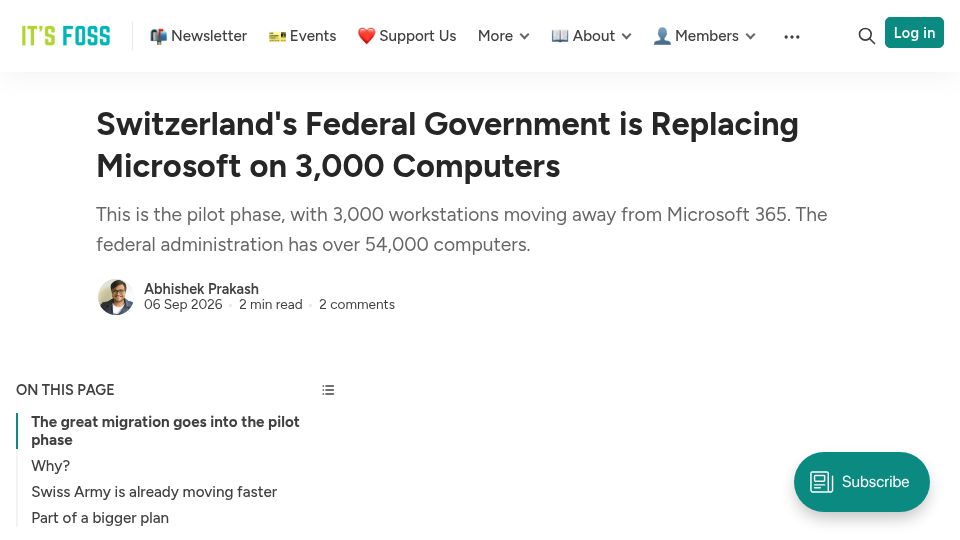 Screenshot of itsfoss.com: Switzerland's Federal Government Is Replacing Microsoft on 3k Computers