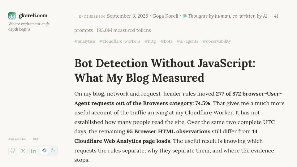 Screenshot of gkoreli.com: Bot Detection Without JavaScript: What My Blog Measured