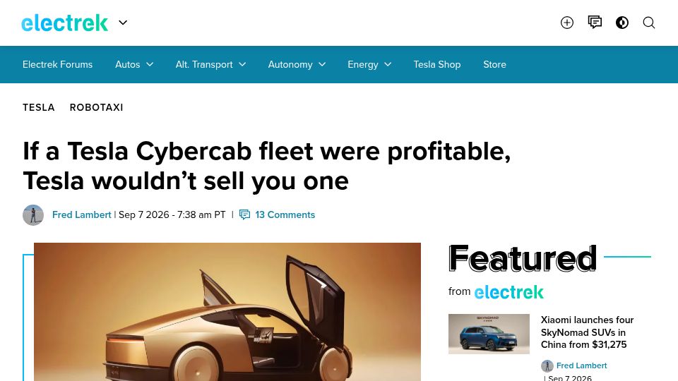 Screenshot of electrek.co: If a Tesla Cybercab fleet were profitable, Tesla wouldn't sell you one