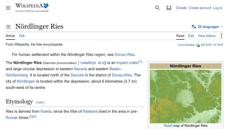 Screenshot of en.wikipedia.org: Nördlinger Ries Impact Crater