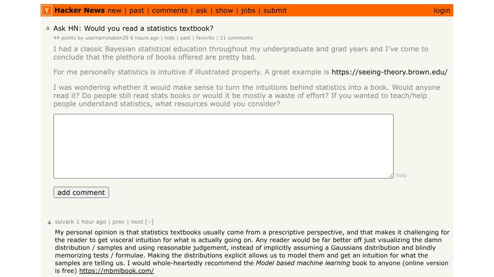 Screenshot of Hacker News post: Ask HN: Would you read a statistics textbook?