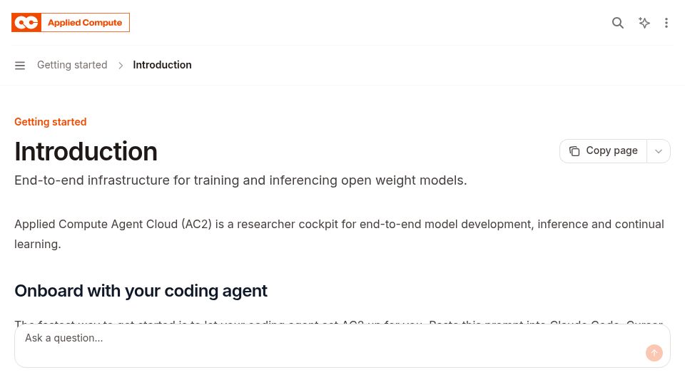 Screenshot of docs.appliedcompute.com: End-to-end infrastructure for training and inferencing open weight models