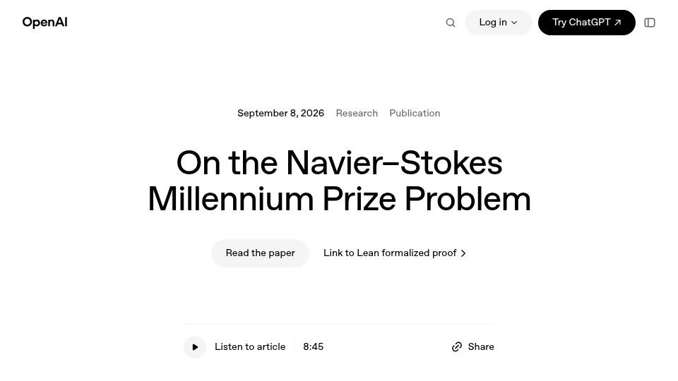Screenshot of openai.com: On the Navier–Stokes Millennium Prize Problem